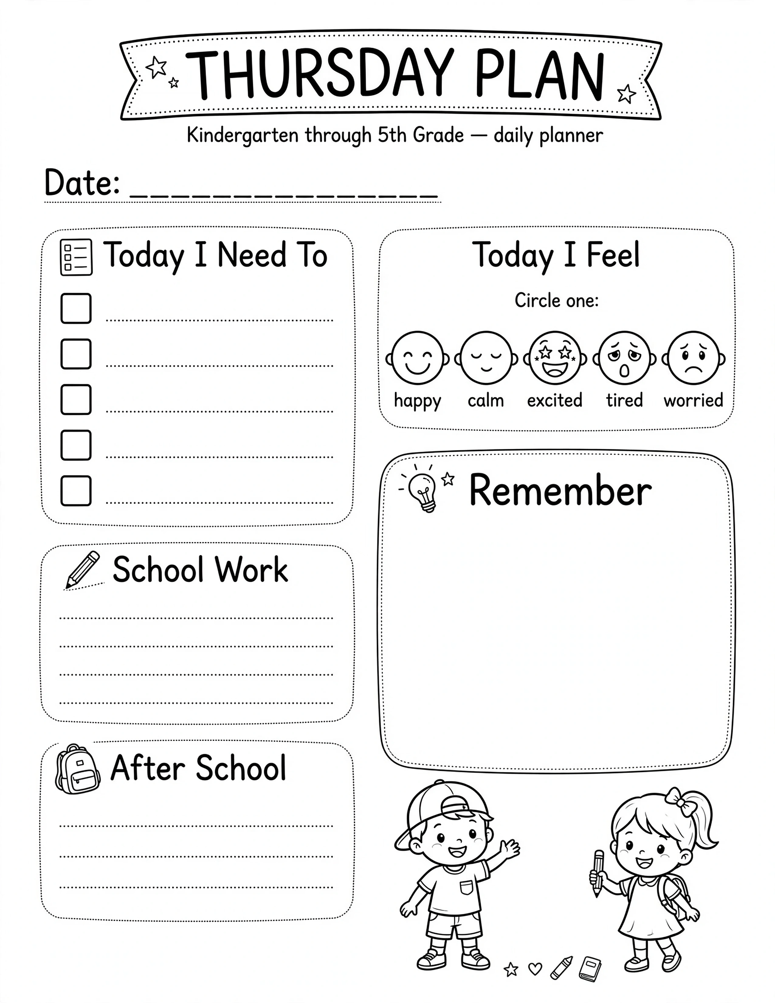 Weekly Planner For Kids - THURSDAY PLAN