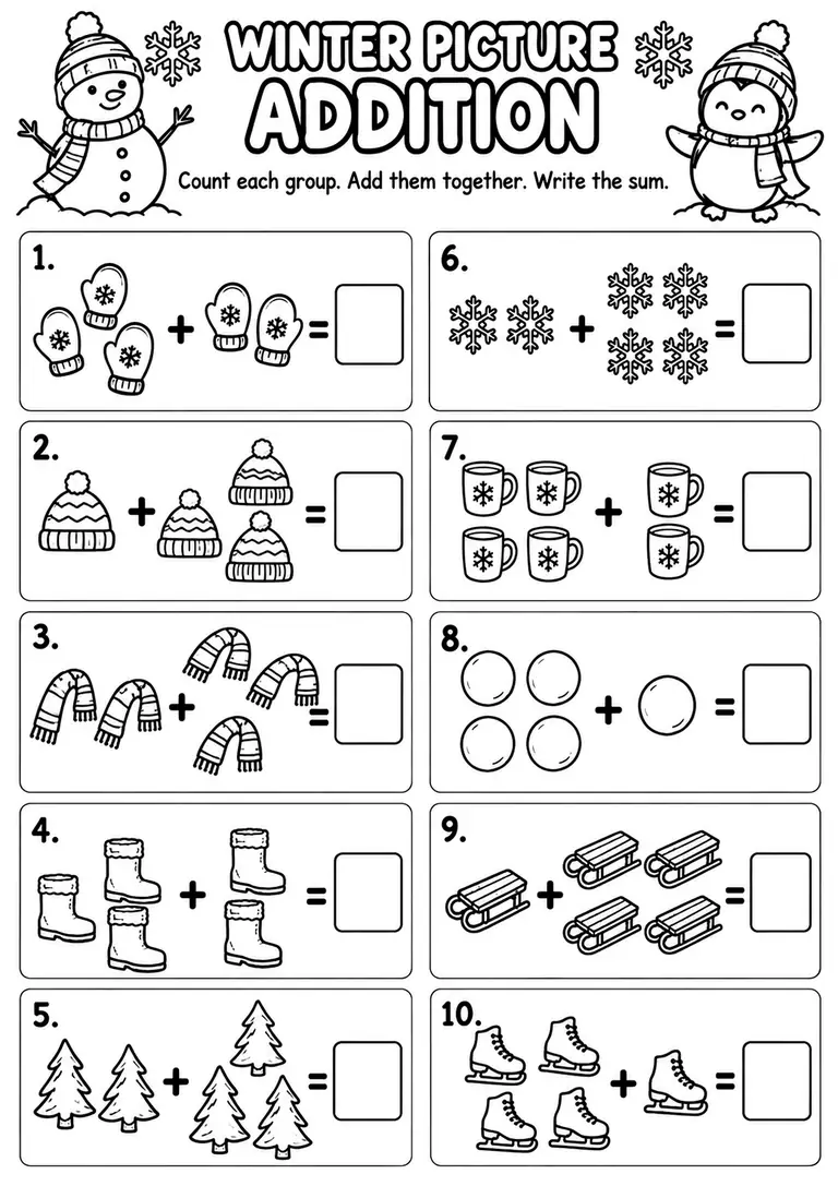 Winter Picture Addition WORKSHEET for Kindergarten, 1st Grade