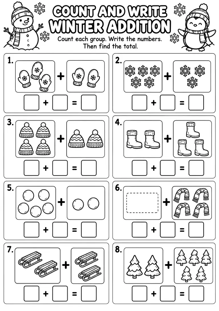 Count and Write Winter Addition for Kindergarten, 1st Grade