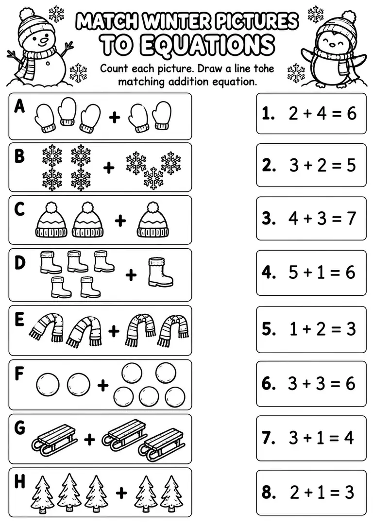 Match Winter Pictures to Equations for Kindergarten, 1st Grade