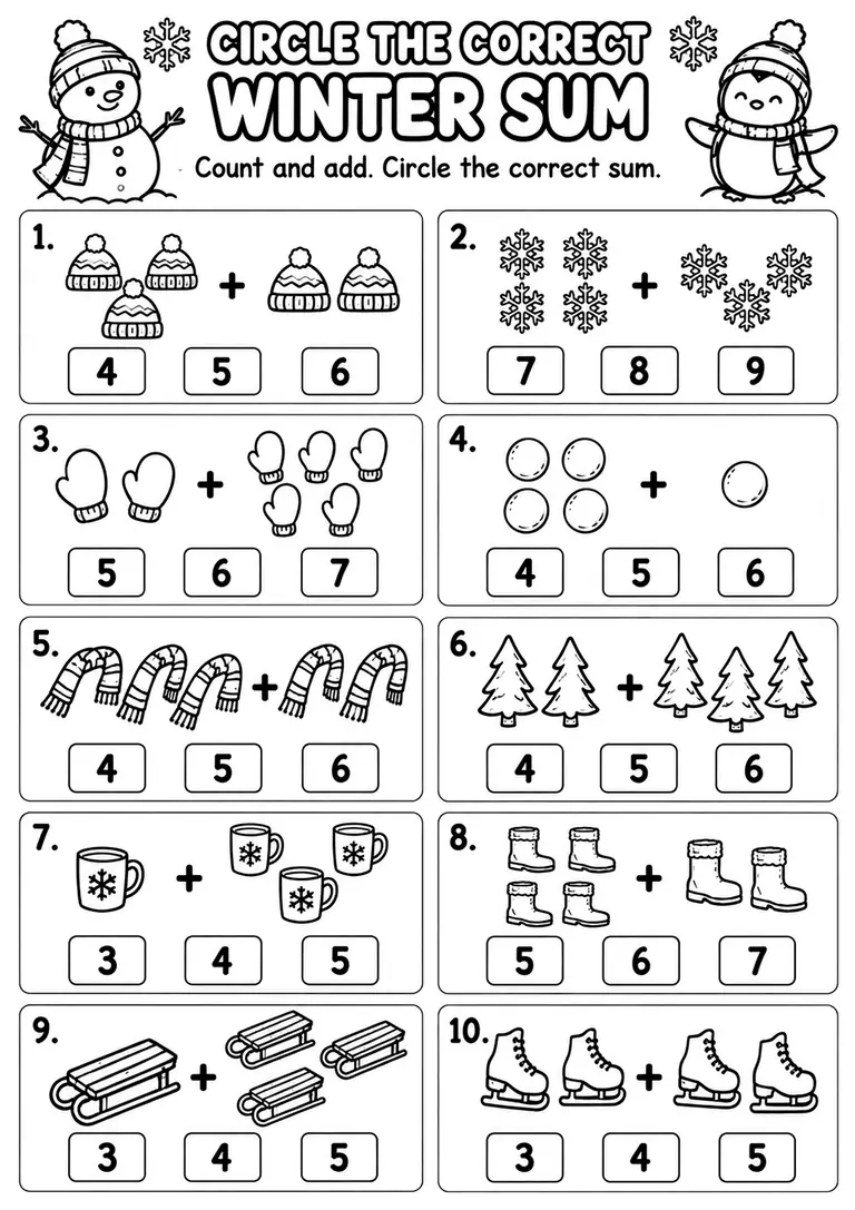 Circle the Correct Winter Sum for Kindergarten, 1st Grade