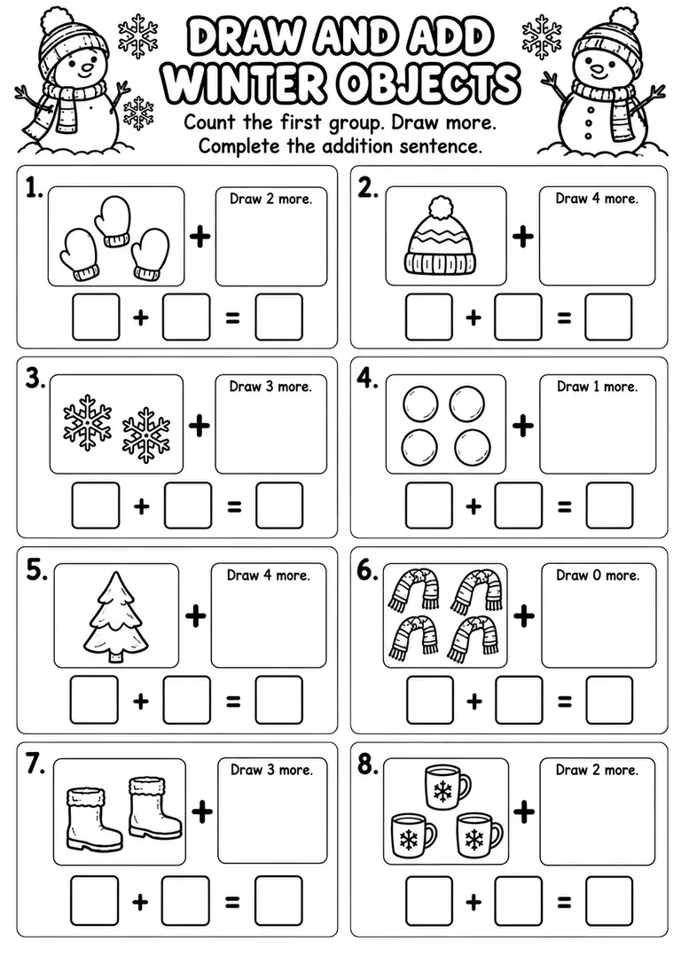 Draw and Add Winter Objects for Kindergarten, 1st Grade