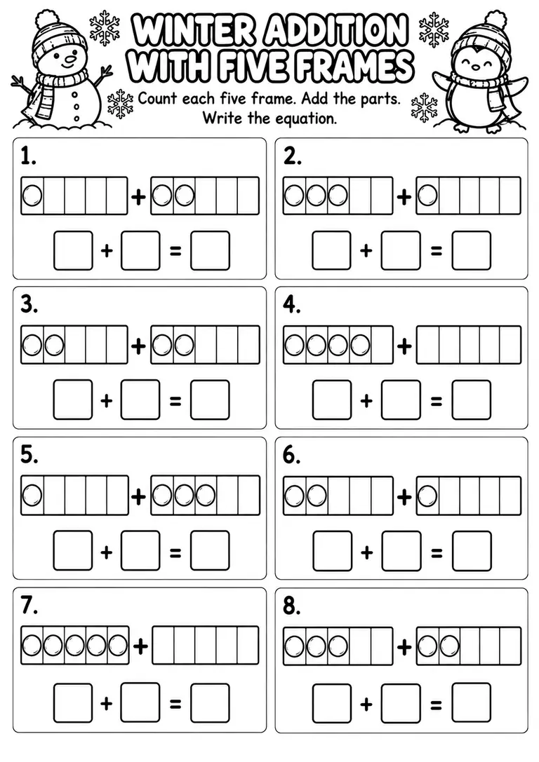 Winter Addition with Five Frames for Kindergarten, 1st Grade