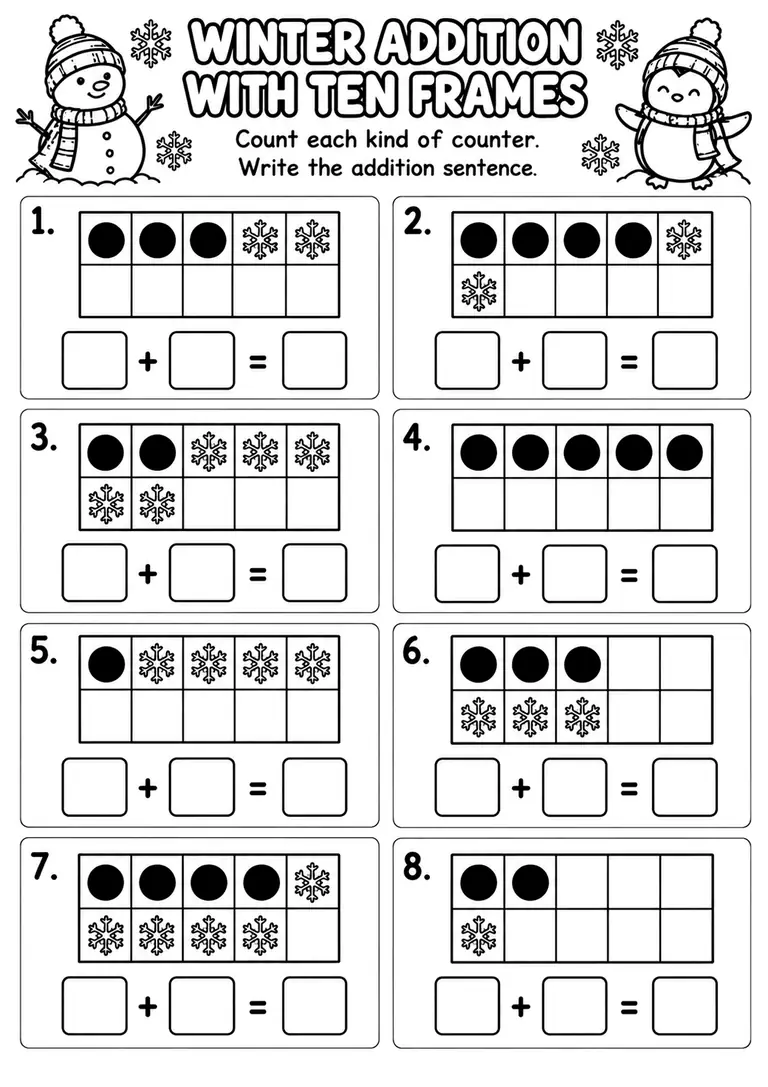 Winter Addition with Ten Frames for Kindergarten, 1st Grade
