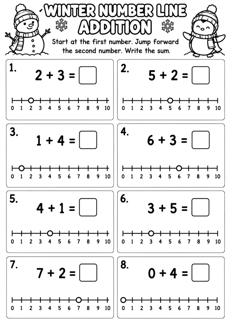 Winter Number Line Addition for Kindergarten, 1st Grade
