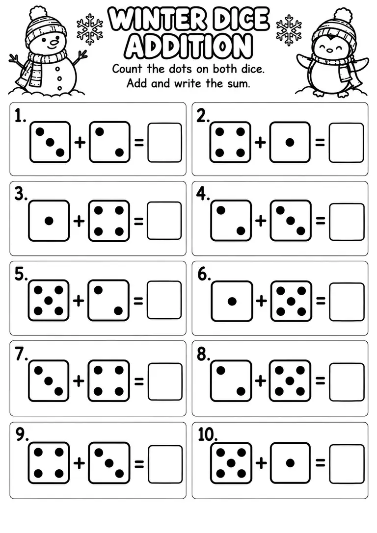 Winter Dice Addition for Kindergarten, 1st Grade