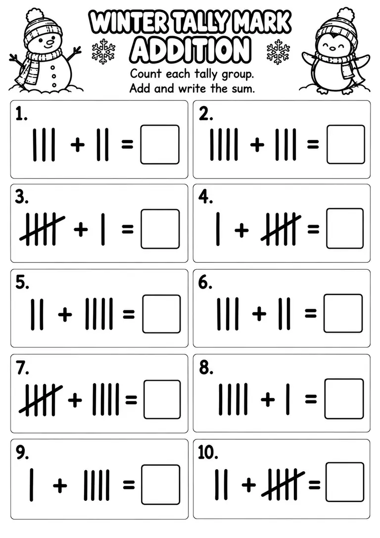 Winter Tally Mark Addition for Kindergarten, 1st Grade