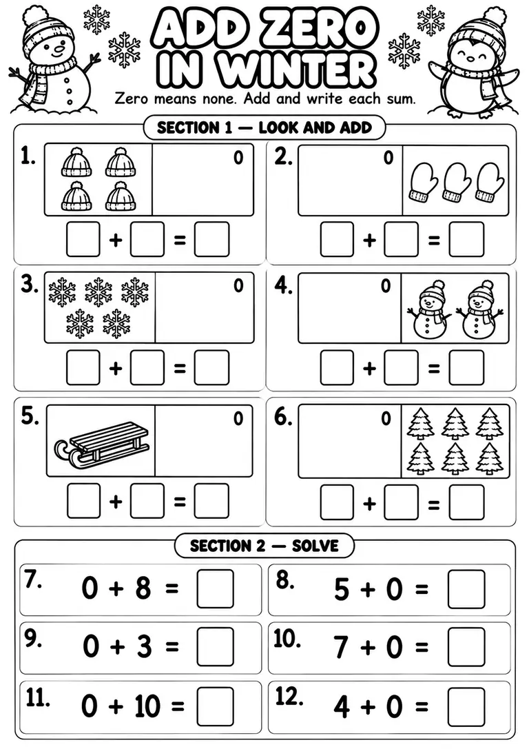 Add Zero in Winter for Kindergarten, 1st Grade