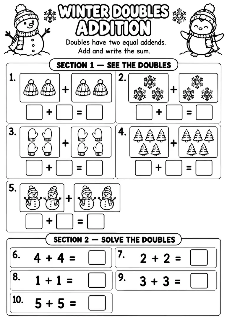 Winter Doubles Addition for Kindergarten, 1st Grade