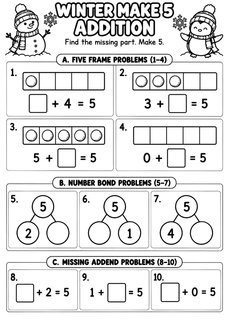 Winter Make 5 Addition for Kindergarten, 1st Grade