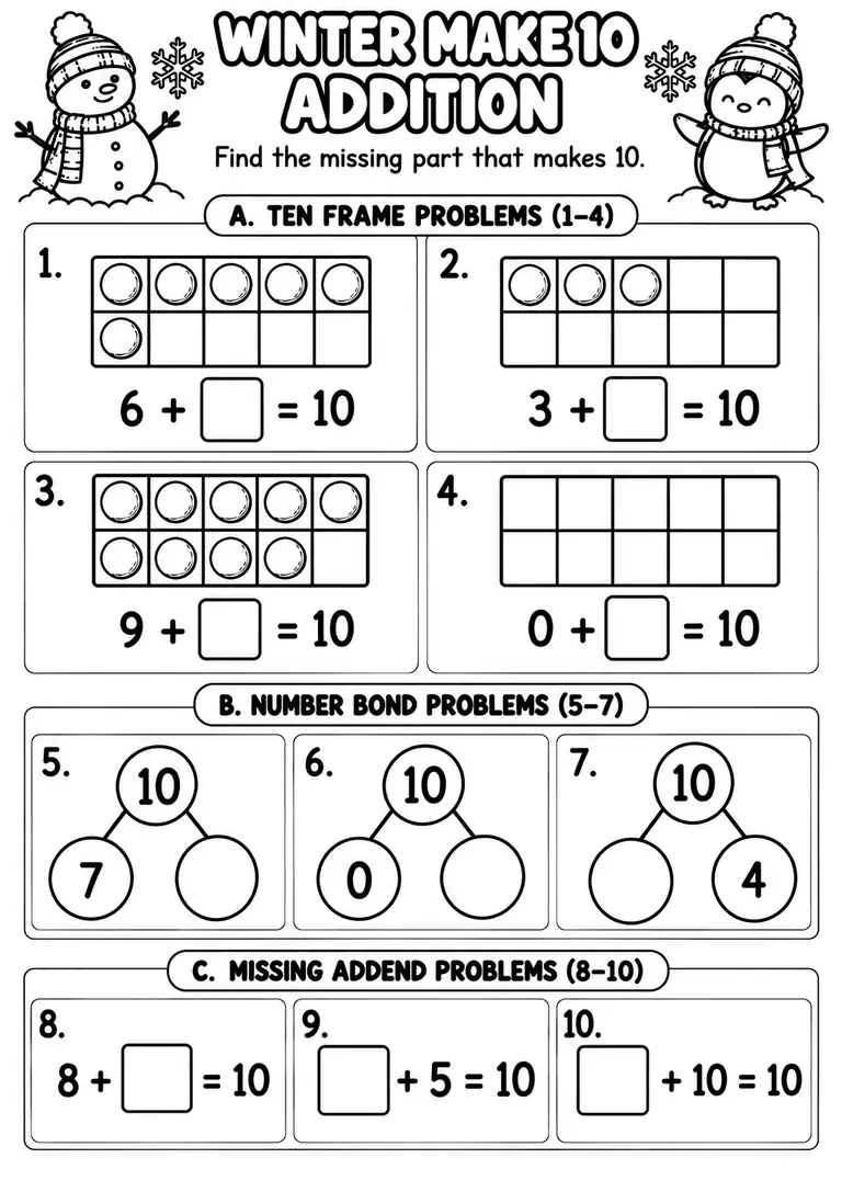 Winter Make 10 Addition for Kindergarten, 1st Grade