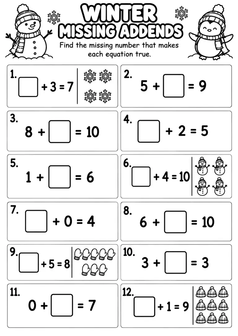 Winter Missing Addends for Kindergarten, 1st Grade