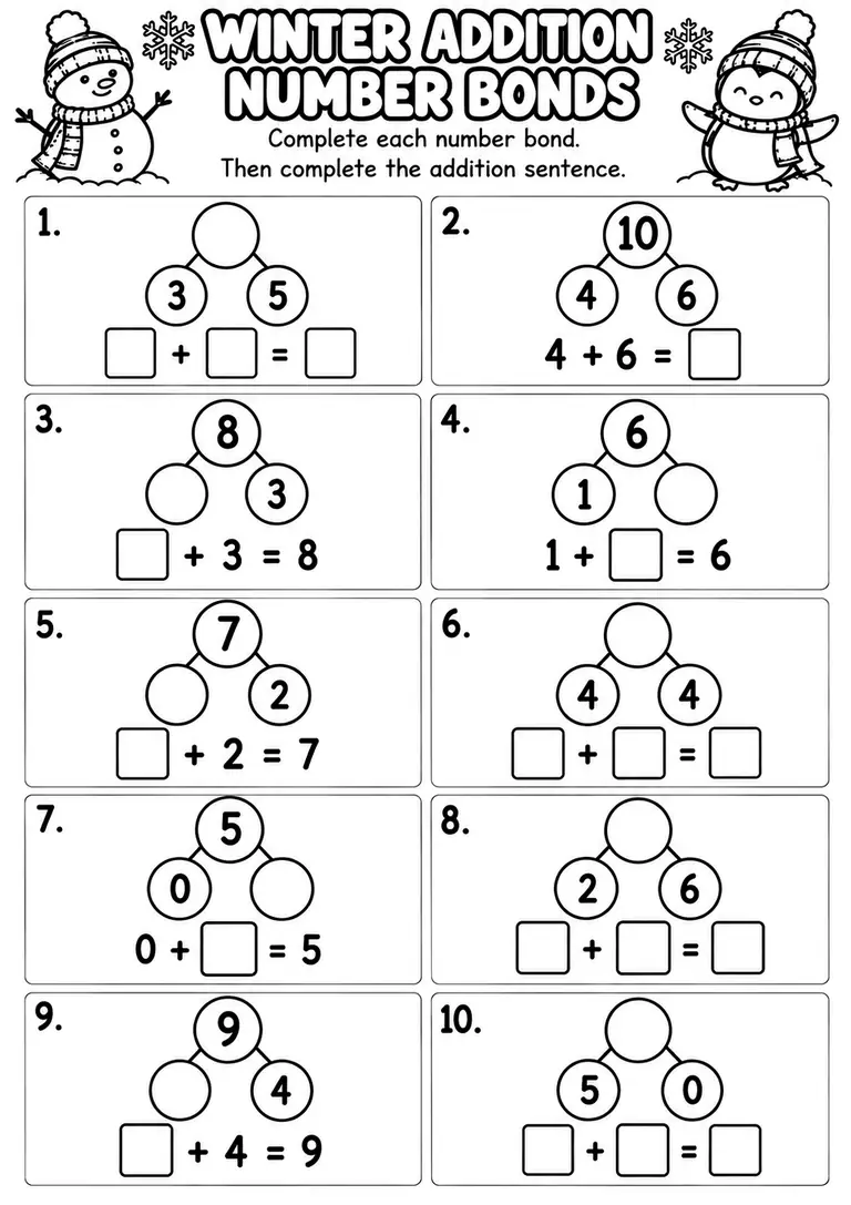 Winter Addition Number Bonds for Kindergarten, 1st Grade