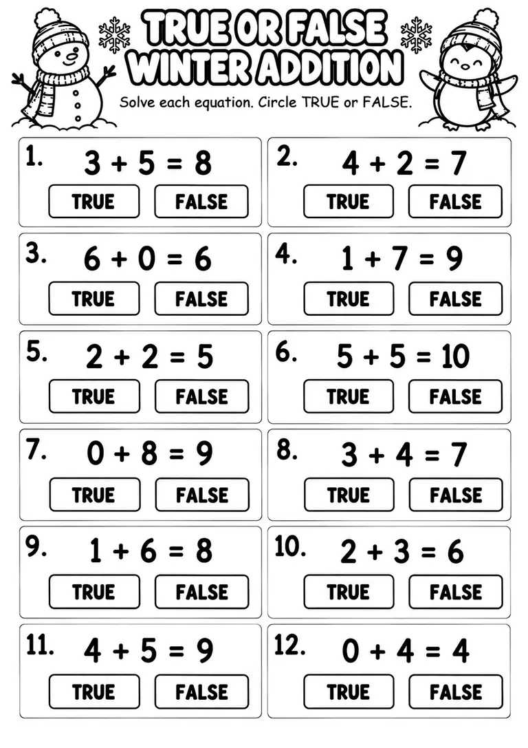 True or False Winter Addition for Kindergarten, 1st Grade