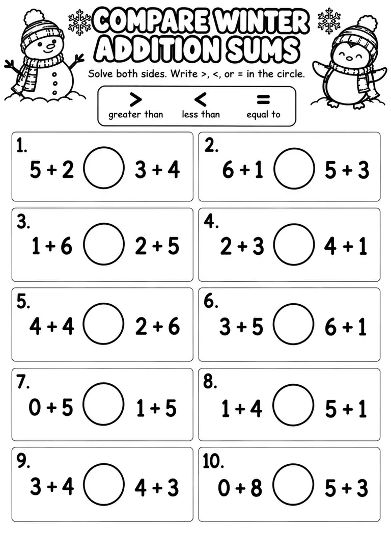 Compare Winter Addition Sums for Kindergarten, 1st Grade