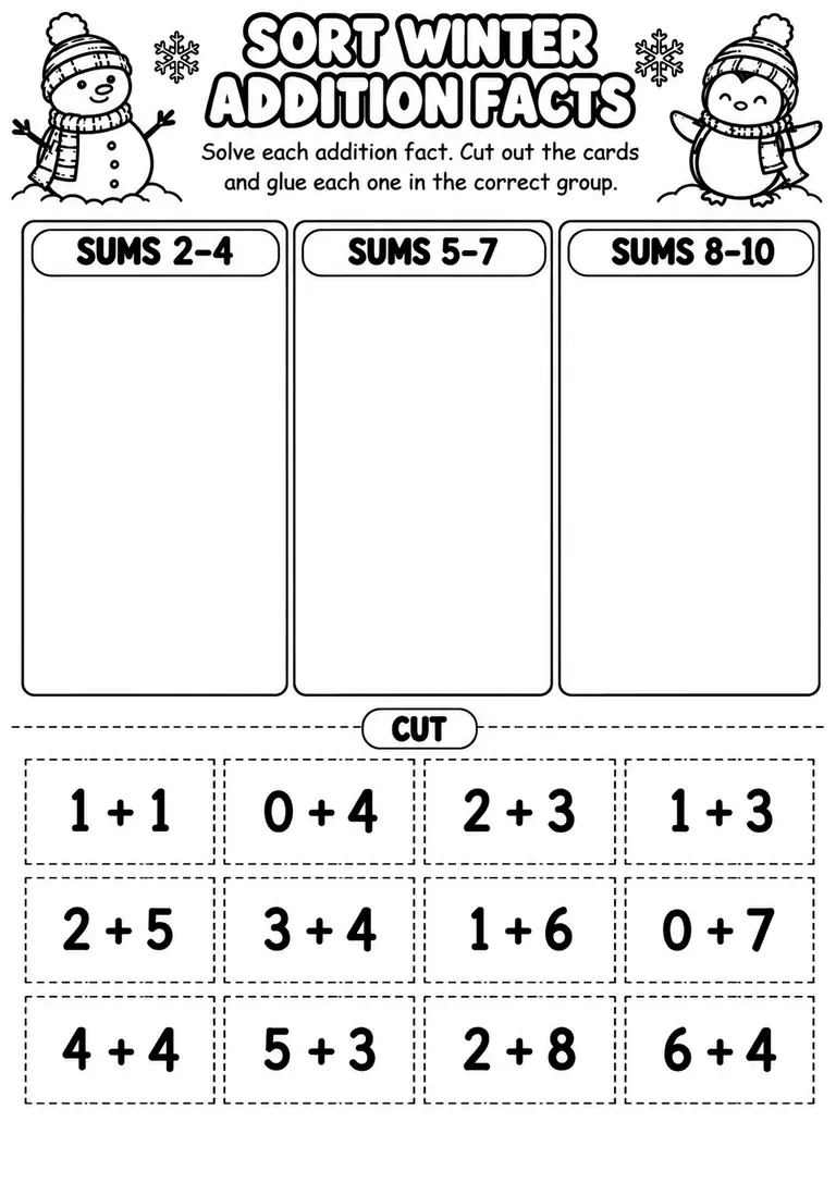 Sort Winter Addition Facts for Kindergarten, 1st Grade