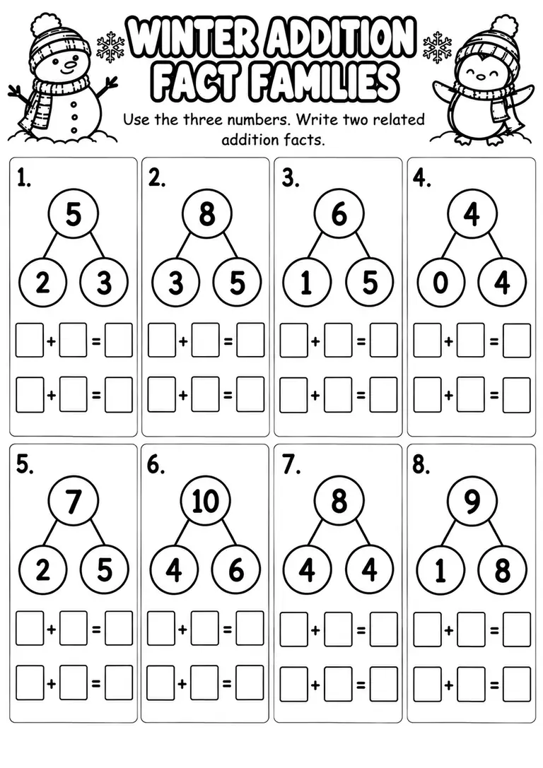 Winter Addition Fact Families for Kindergarten, 1st Grade