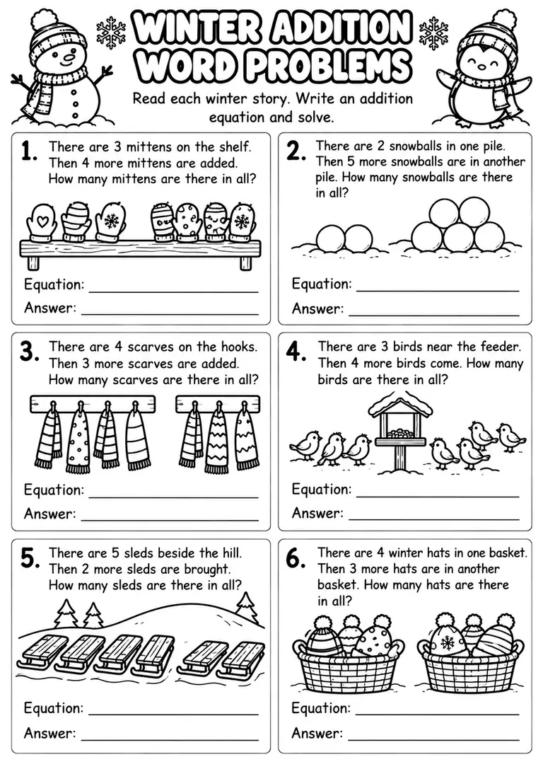 Winter Addition Word Problems for Kindergarten, 1st Grade