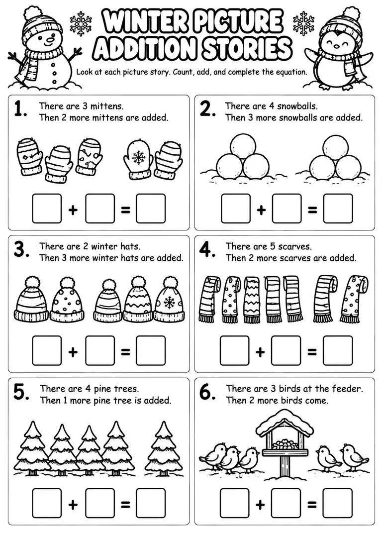 Winter Picture Addition Stories for Kindergarten, 1st Grade