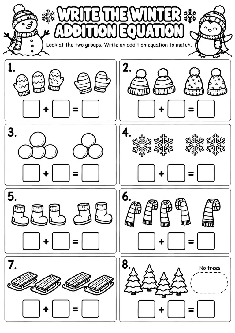 Write the Winter Addition Equation for Kindergarten, 1st Grade
