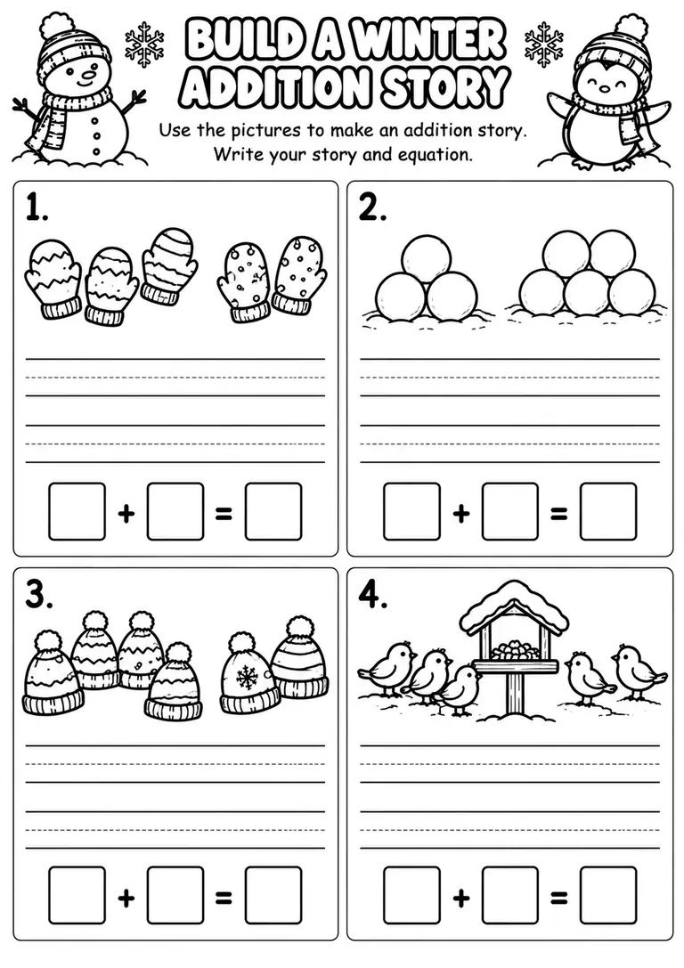 Build a Winter Addition Story for Kindergarten, 1st Grade