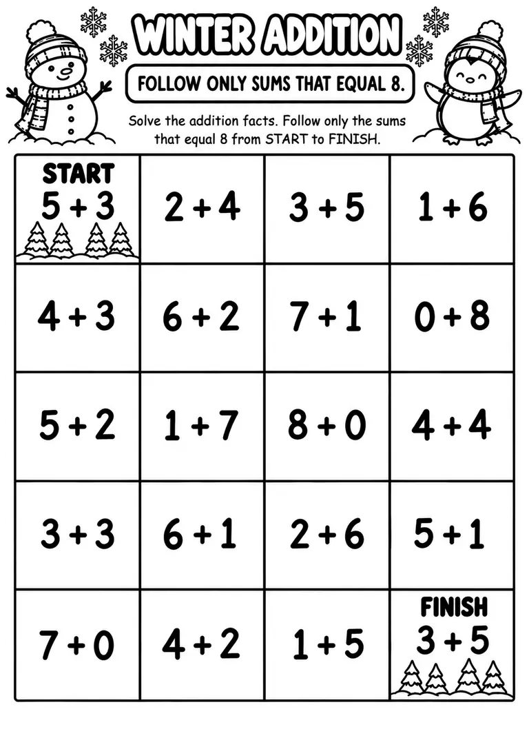 Winter Addition Path for Kindergarten, 1st Grade
