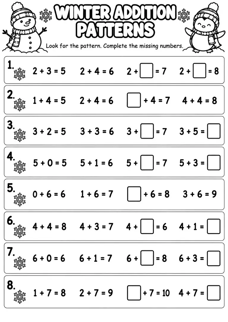 Winter Addition Patterns for Kindergarten, 1st Grade