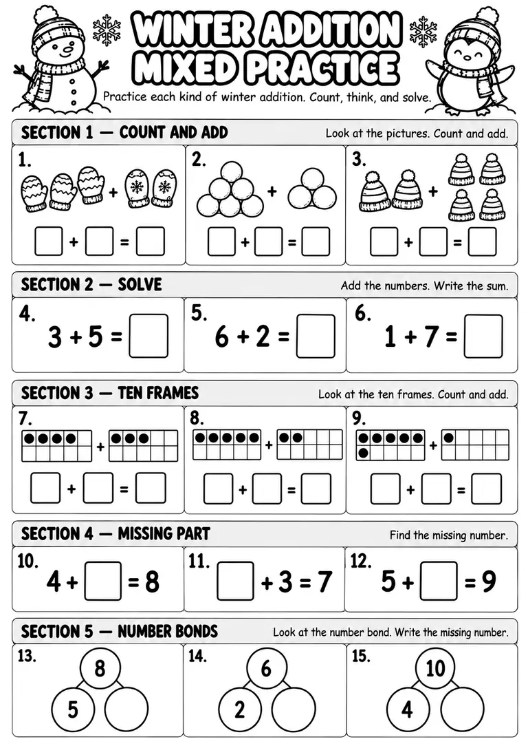 Winter Addition Mixed Practice for Kindergarten, 1st Grade