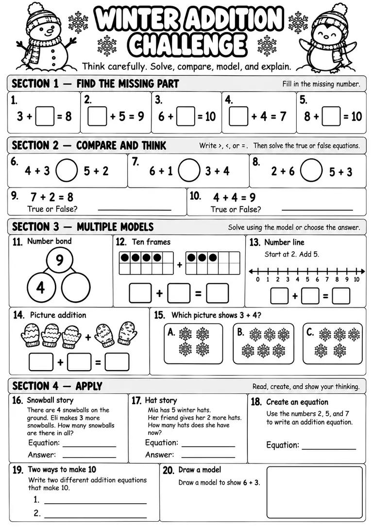 Winter Addition Challenge for Kindergarten, 1st Grade