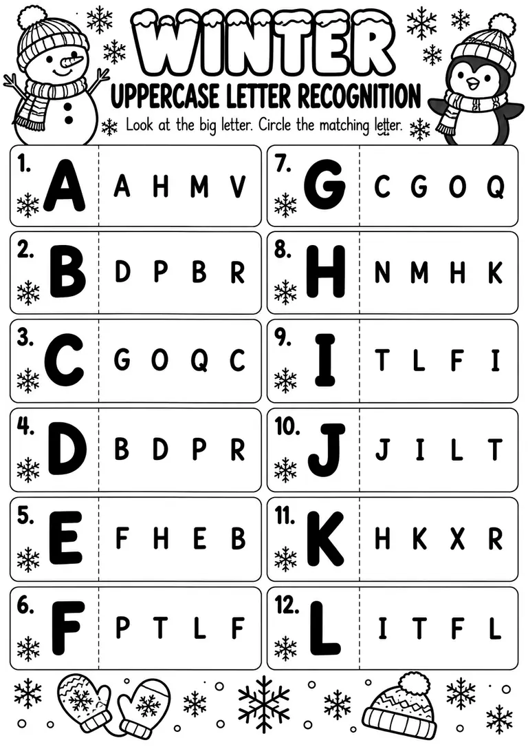 Winter Uppercase Letter Recognition for Preschool, Kindergarten, 1st Grade