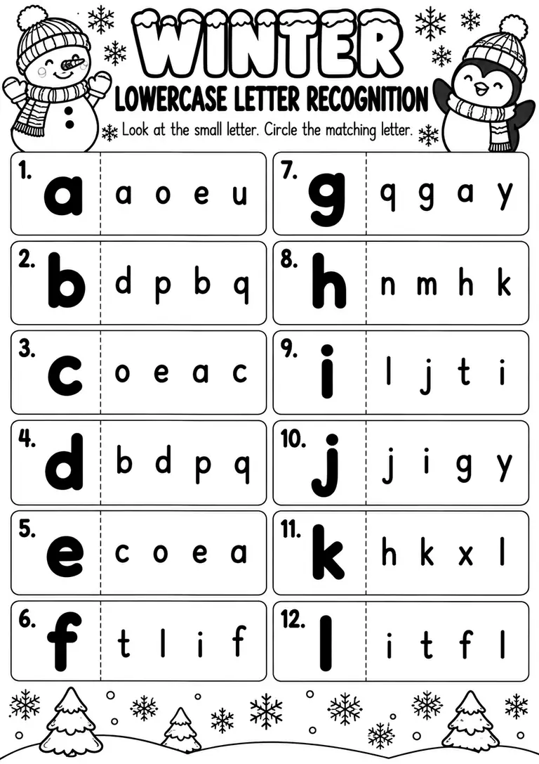 Winter Lowercase Letter Recognition for Preschool, Kindergarten, 1st Grade