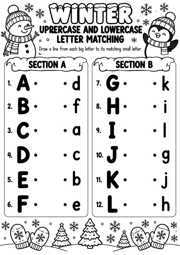 Winter Uppercase and Lowercase Letter Matching for Preschool, Kindergarten, 1st Grade