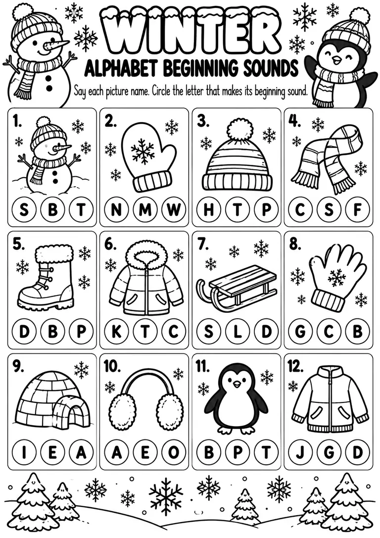 Winter Alphabet Beginning Sounds for Preschool, Kindergarten, 1st Grade