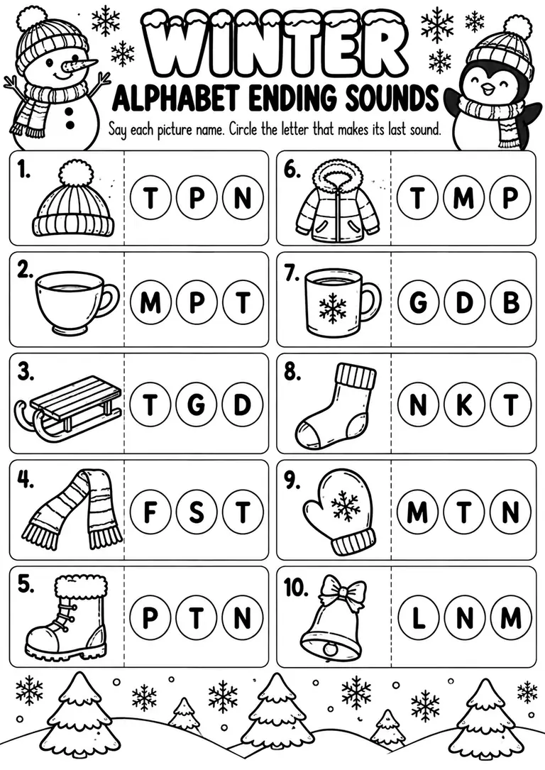 Winter Alphabet Ending Sounds for Preschool, Kindergarten, 1st Grade