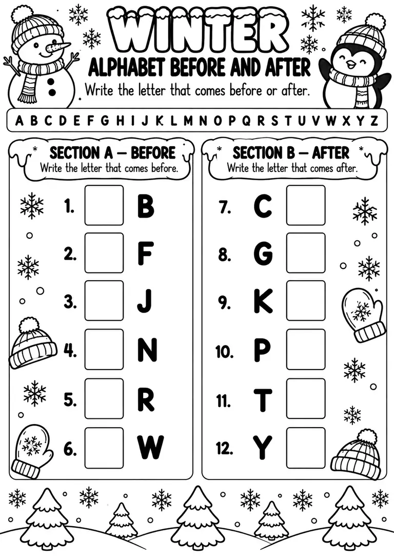 Winter Alphabet Before and After for Preschool, Kindergarten, 1st Grade