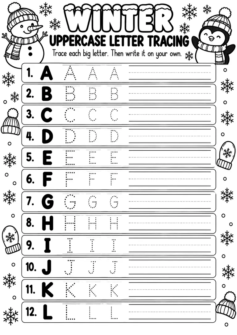Winter Uppercase Letter Tracing for Preschool, Kindergarten, 1st Grade