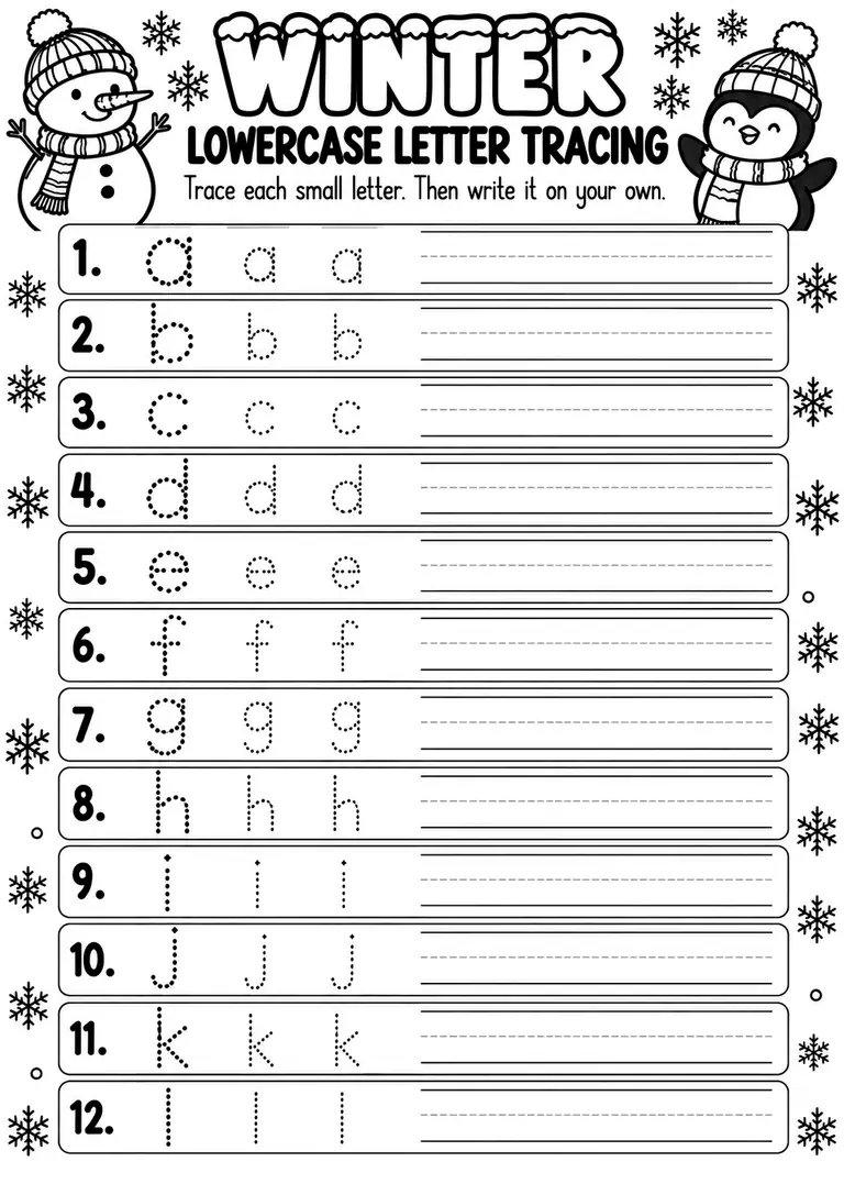 Winter Lowercase Letter Tracing for Preschool, Kindergarten, 1st Grade