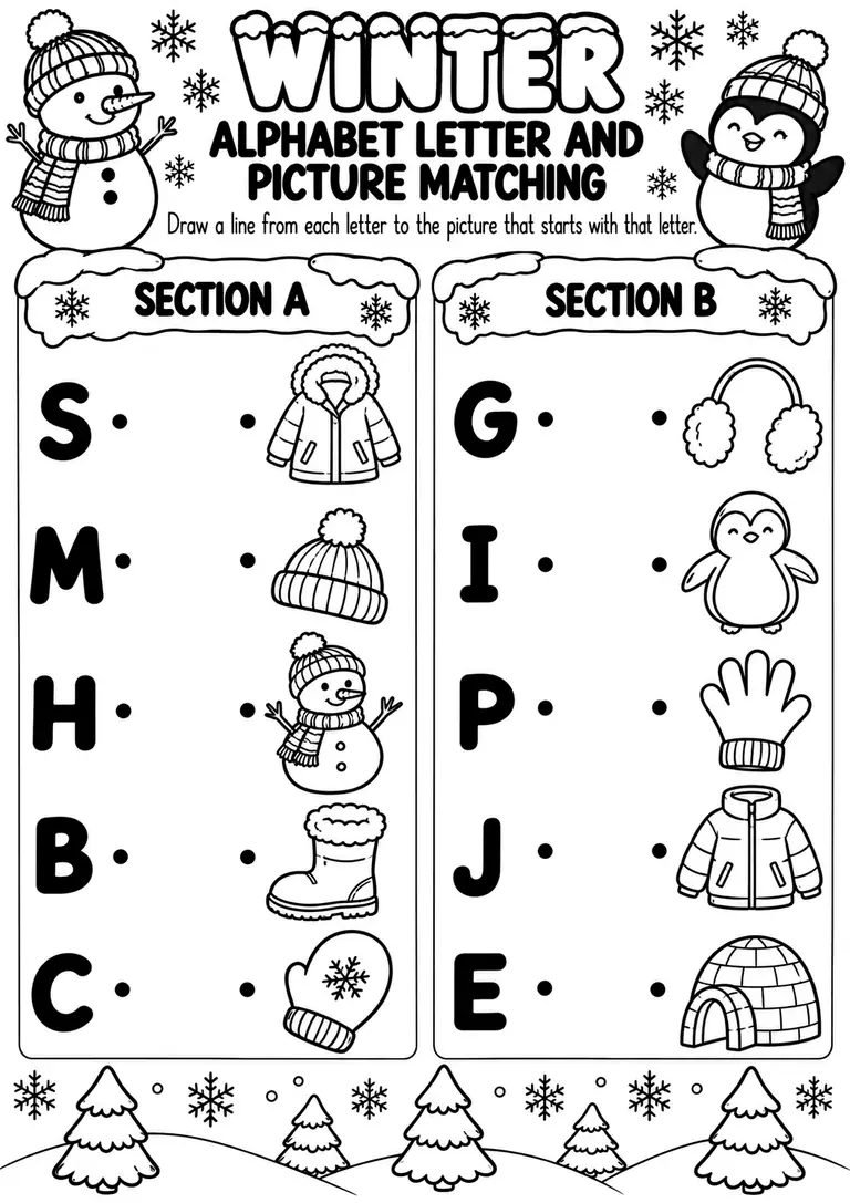 Winter Alphabet Letter and Picture Matching for Preschool, Kindergarten, 1st Grade