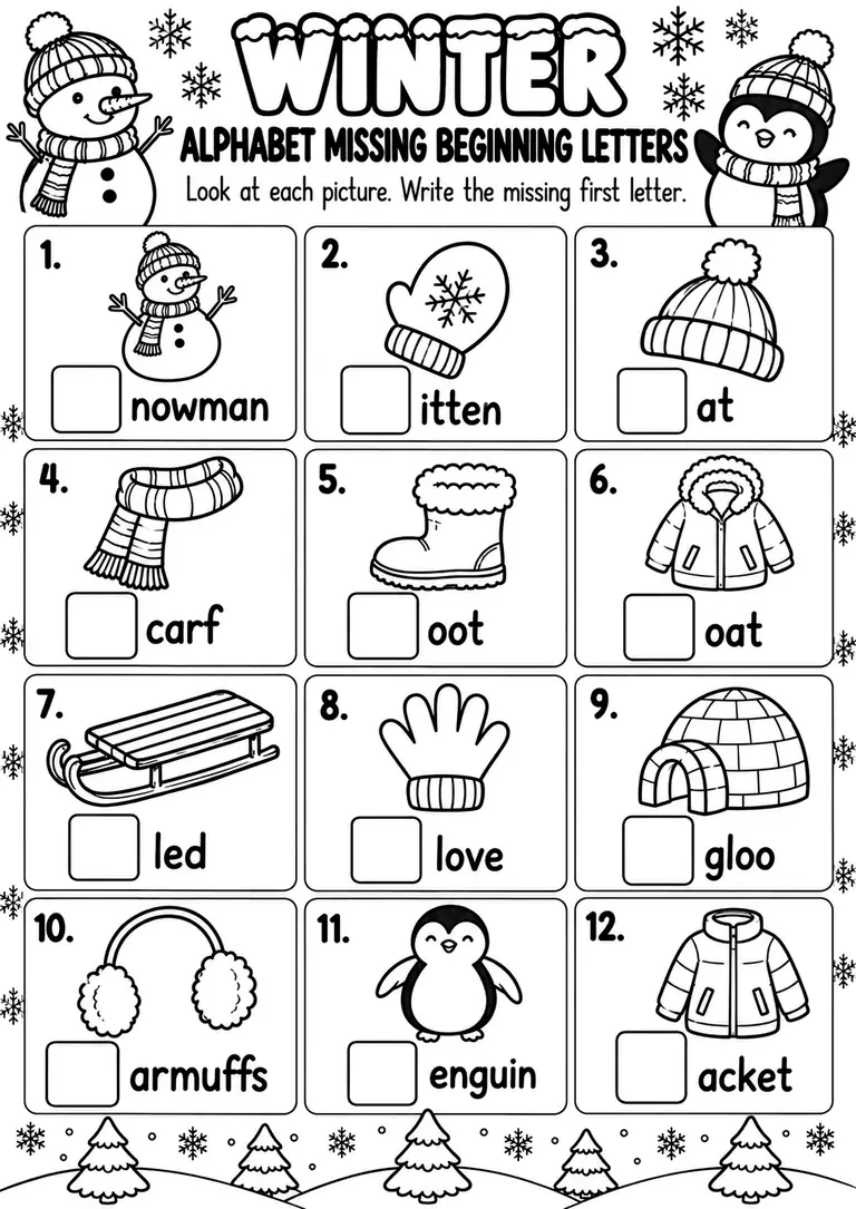 Winter Alphabet Missing Beginning Letters for Preschool, Kindergarten, 1st Grade