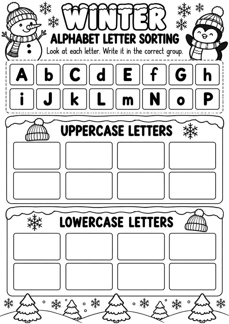 Winter Alphabet Letter Sorting for Preschool, Kindergarten, 1st Grade