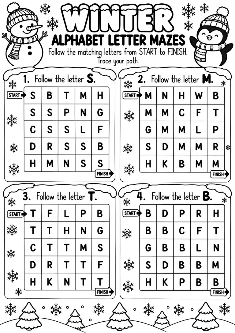 Winter Alphabet Letter Mazes for Preschool, Kindergarten, 1st Grade