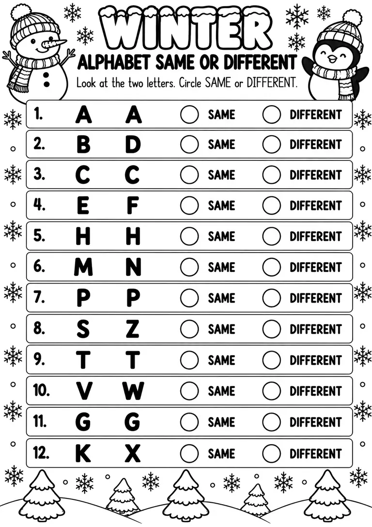 Winter Alphabet Same or Different for Preschool, Kindergarten, 1st Grade