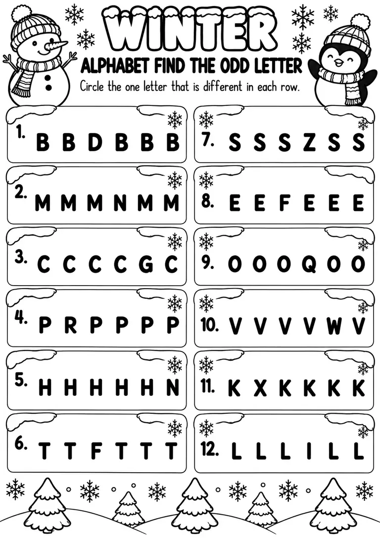 Winter Alphabet Find the Odd Letter for Preschool, Kindergarten, 1st Grade