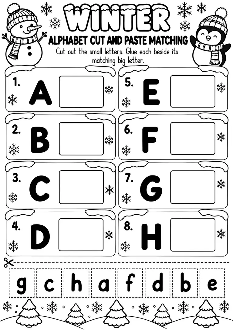 Winter Alphabet Cut and Paste Matching for Preschool, Kindergarten, 1st Grade