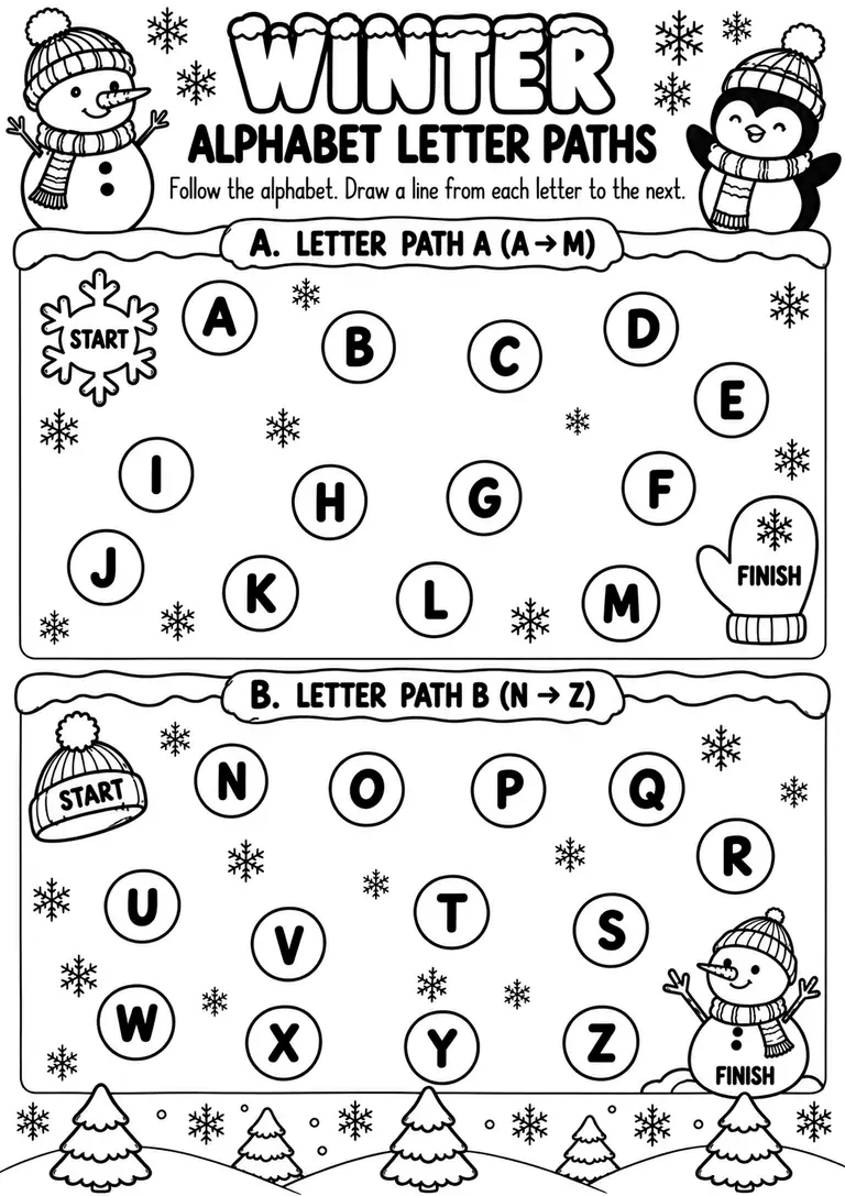 Winter Alphabet Letter Paths for Preschool, Kindergarten, 1st Grade