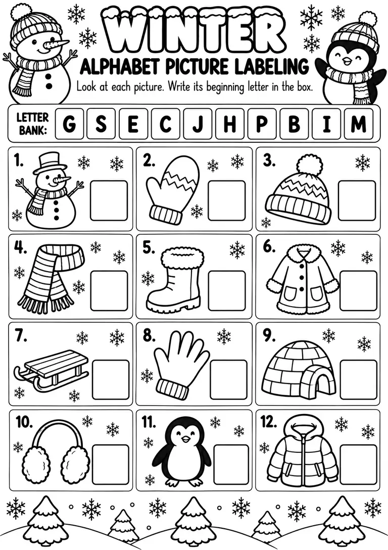 Winter Alphabet Picture Labeling for Preschool, Kindergarten, 1st Grade