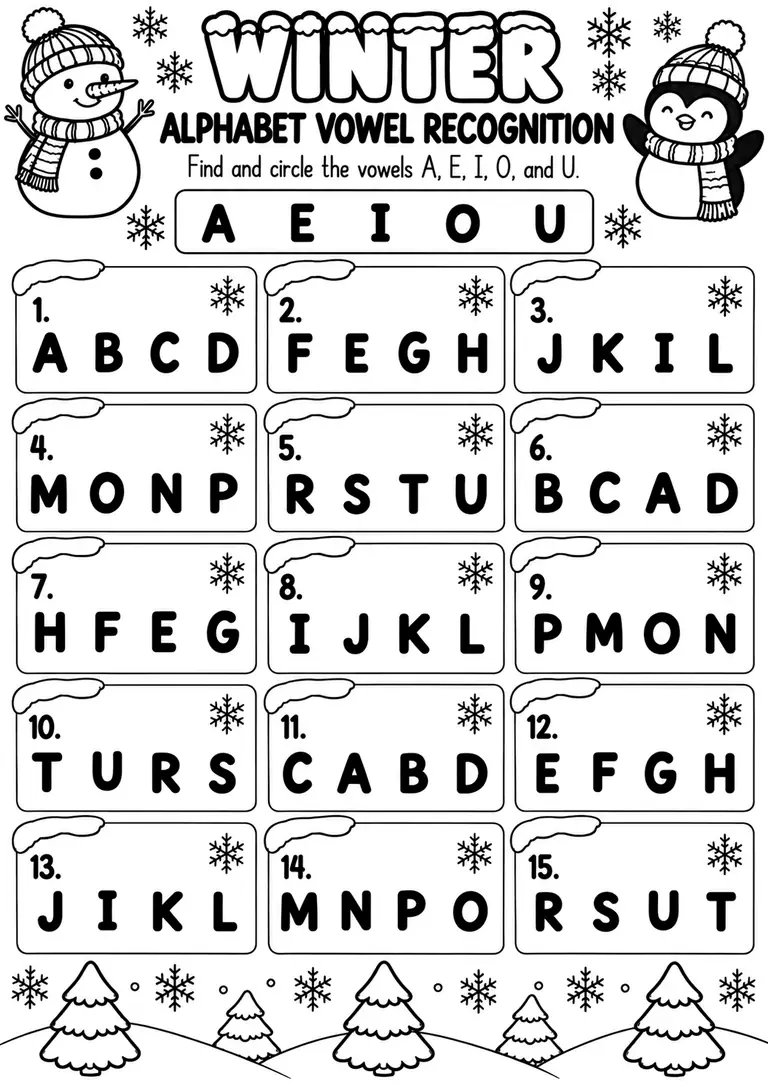Winter Alphabet Vowel Recognition for Preschool, Kindergarten, 1st Grade
