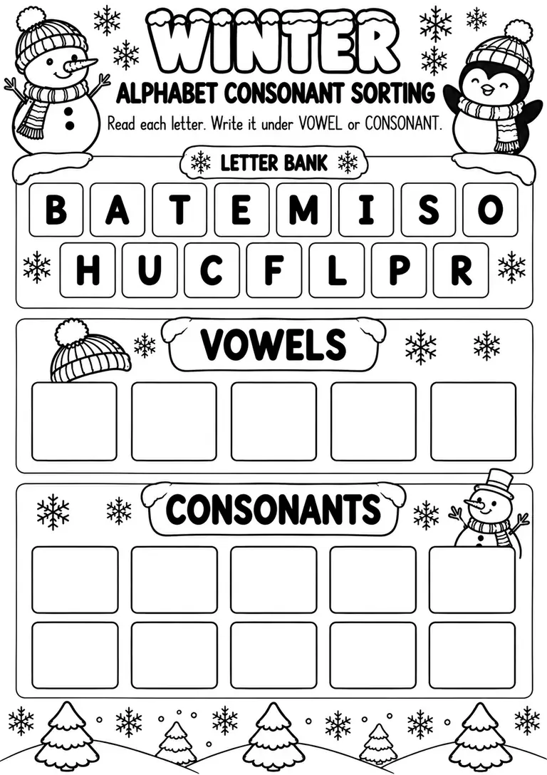 Winter Alphabet Consonant Sorting for Preschool, Kindergarten, 1st Grade