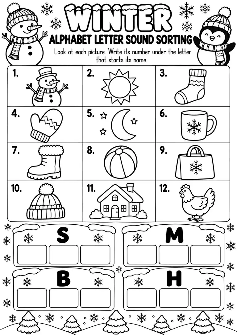 Winter Alphabet Letter Sound Sorting for Preschool, Kindergarten, 1st Grade