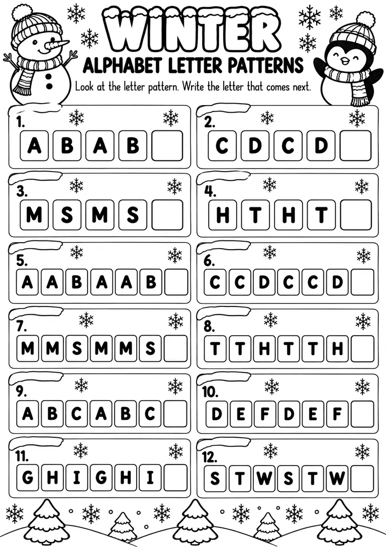 Winter Alphabet Letter Patterns for Preschool, Kindergarten, 1st Grade